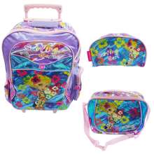 Mochila escolar surfing girl trolley, c/ rodinha, roxo + estojo e lancheira