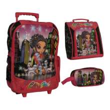 Mochila escolar city girl trolley rosa c/ rodinha + estojo e lancheira