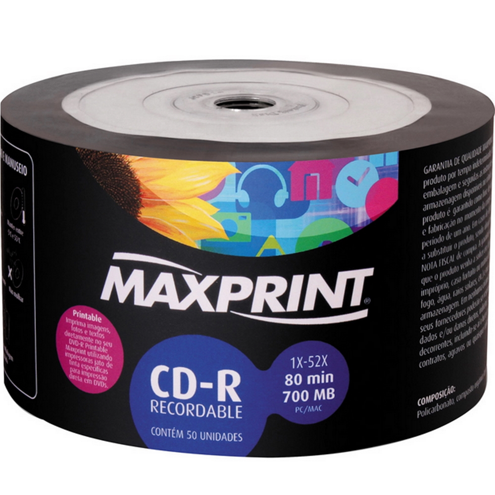 Cd-r printable fullhub 700mb 52x Maxprint pino de 50 cds